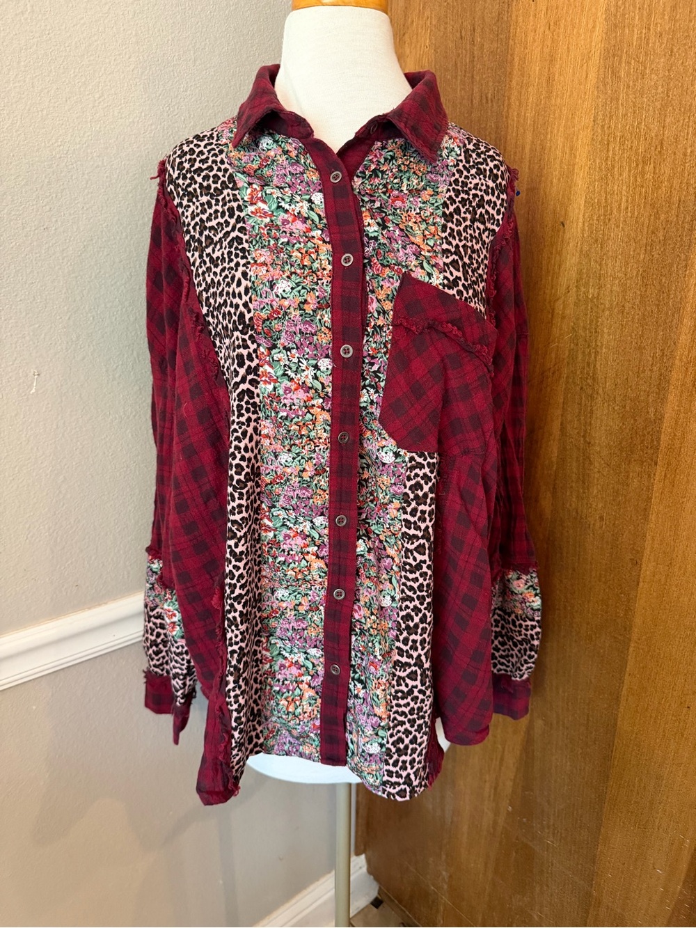 Mixed Print Oversized Flannel Shirt with Floral and Cheetah Print Boho Rustic